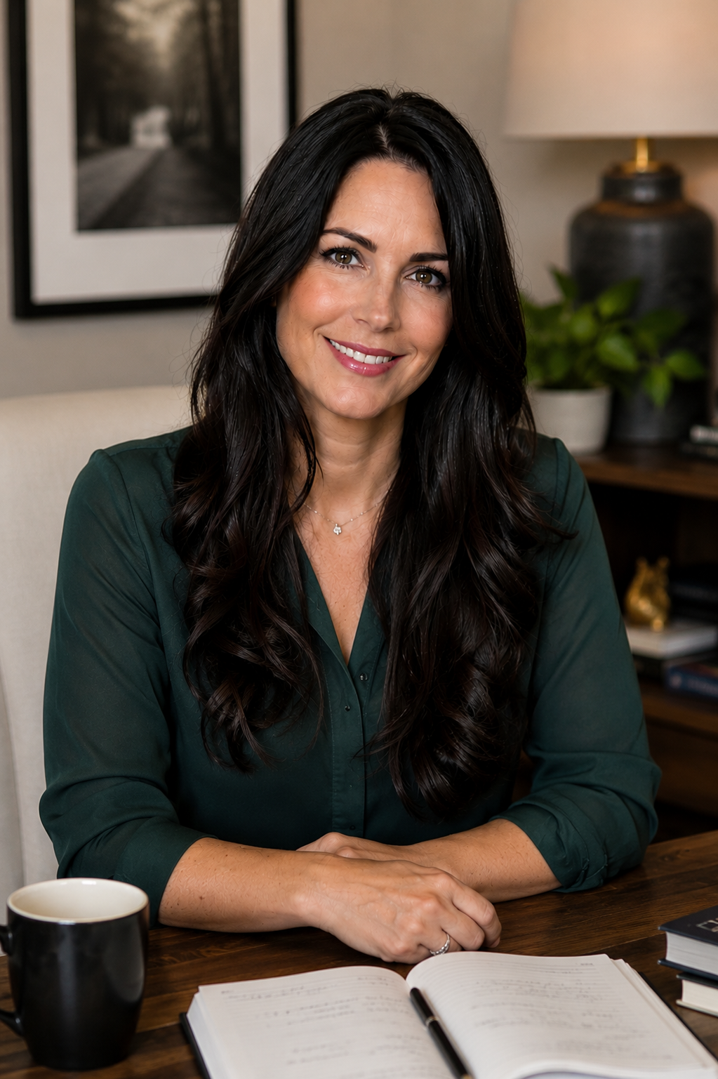 A woman with long black hair, wearing a dark green blouse, sitting at a wooden desk with an open notebook, a black mug, and some books. She is smiling, in a room with framed black-and-white photographs, a lamp, and a potted plant in the background.