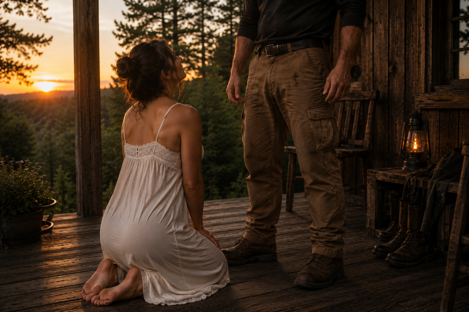 A woman kneeling on a wooden porch, looking up at a man standing in front of her during sunset, with a forest in the background. The porch has a lantern, boots, and chairs.