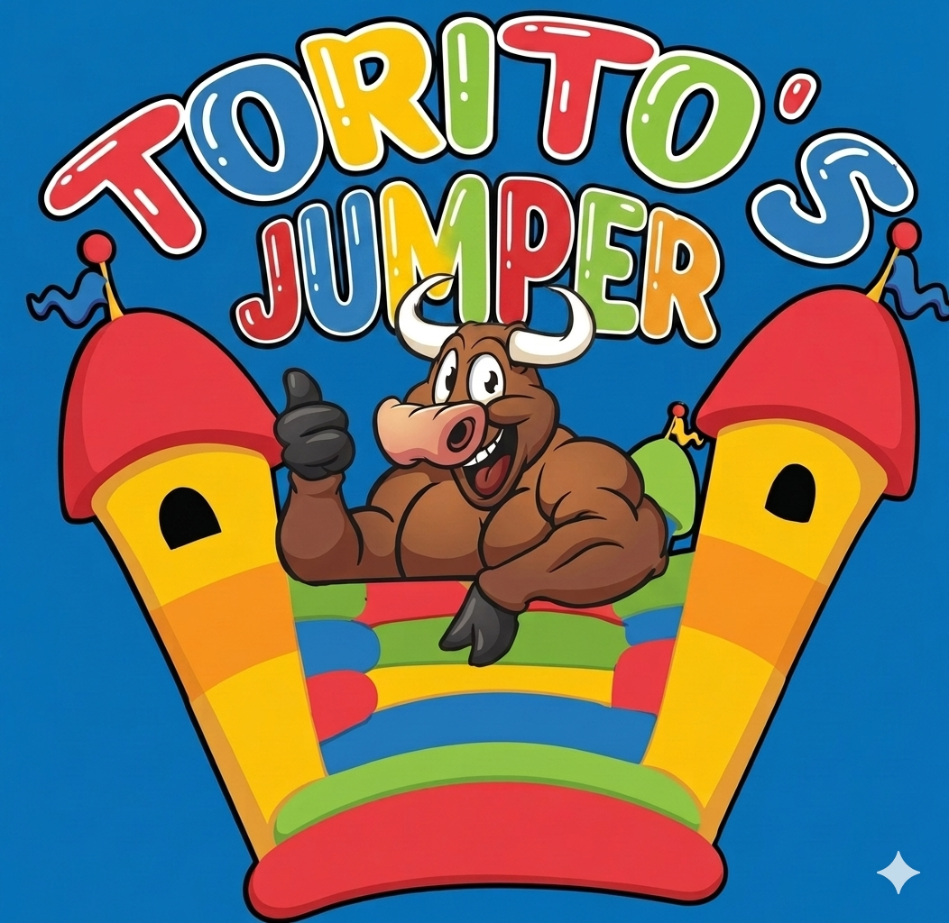 Colorful cartoon of a bison with muscles inside a rainbow-colored castle bounce house, with the words 'TORTITO'S JUMPER' above.