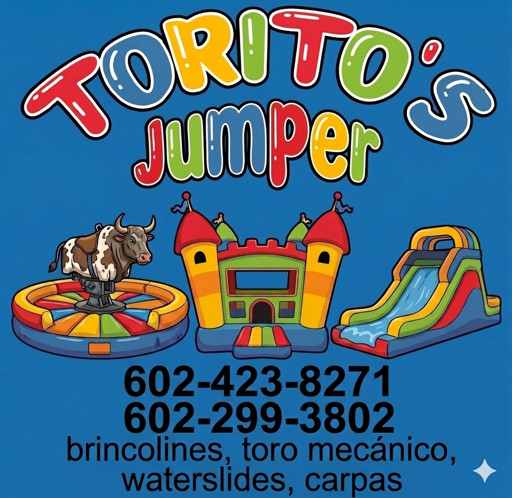 Colorful flyer featuring inflatable amusement rides including a bull ride, a castle, and a waterslide, advertising Toro's Jumper with contact phone numbers and services in Spanish.