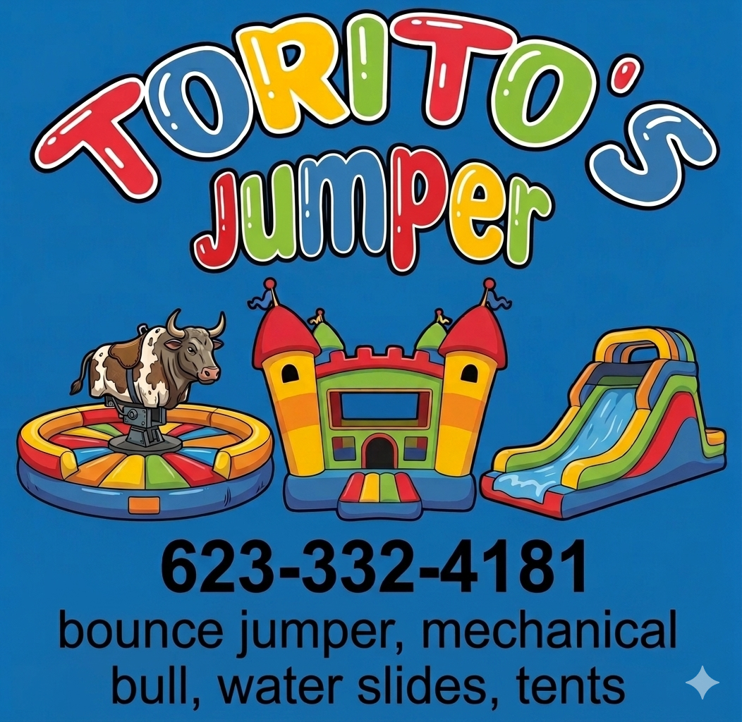 Advertisement for Tori Tots Jumper featuring a bounce house, mechanical bull, water slide, and tents on a blue background, with contact number 623-332-4181.