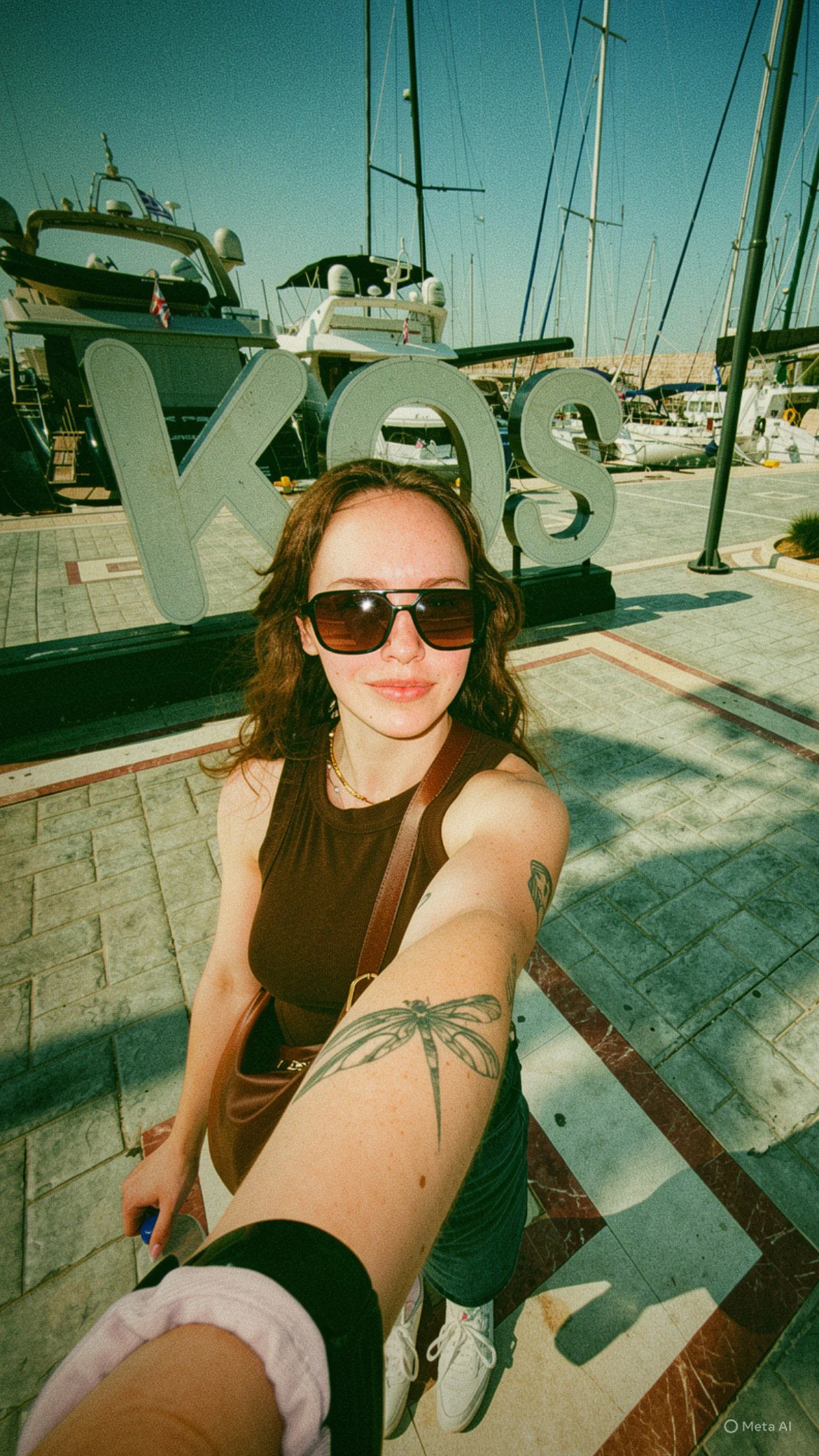 A woman wearing sunglasses and a black top taking a selfie in front of a marina with boats. She has tattoos on her arm and is holding her phone with her right hand. Large letters spelling 'KOS' are behind her, with boats and sailboats visible in the background.