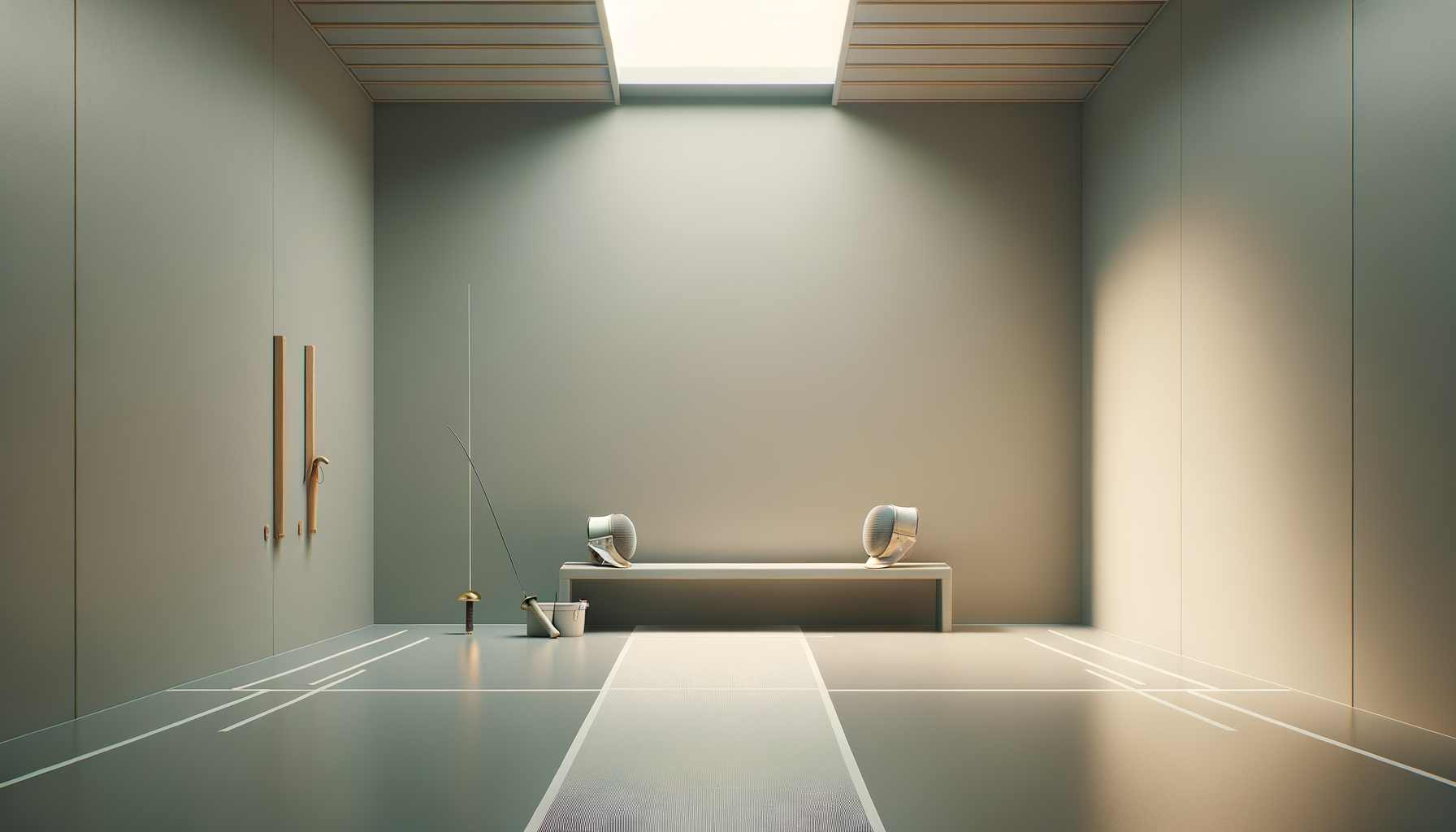 A minimalistic indoor fencing practice room with a neutral-colored wall, two fencing masks on a bench, fencing swords, and marker lines on the floor.