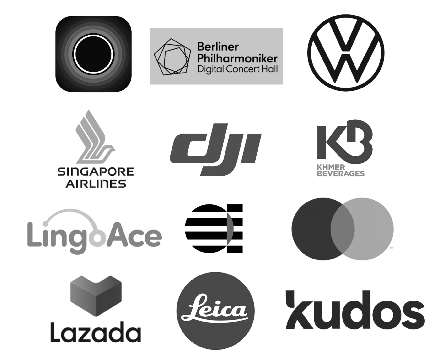 A collage of various logos including Apple, Berliner Philharmoniker, Volkswagen, Singapore Airlines, DJI, Khmer Beverages, LinkedIn, Mastercard, Leica, Lazada, and KUDOS, arranged in a grid pattern in black and white.