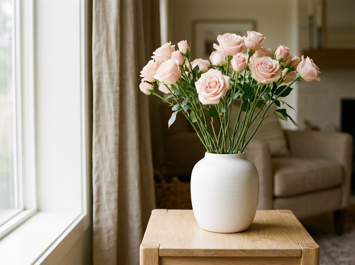Blush pink roses welcoming visitors to connect with The Love Shoppe