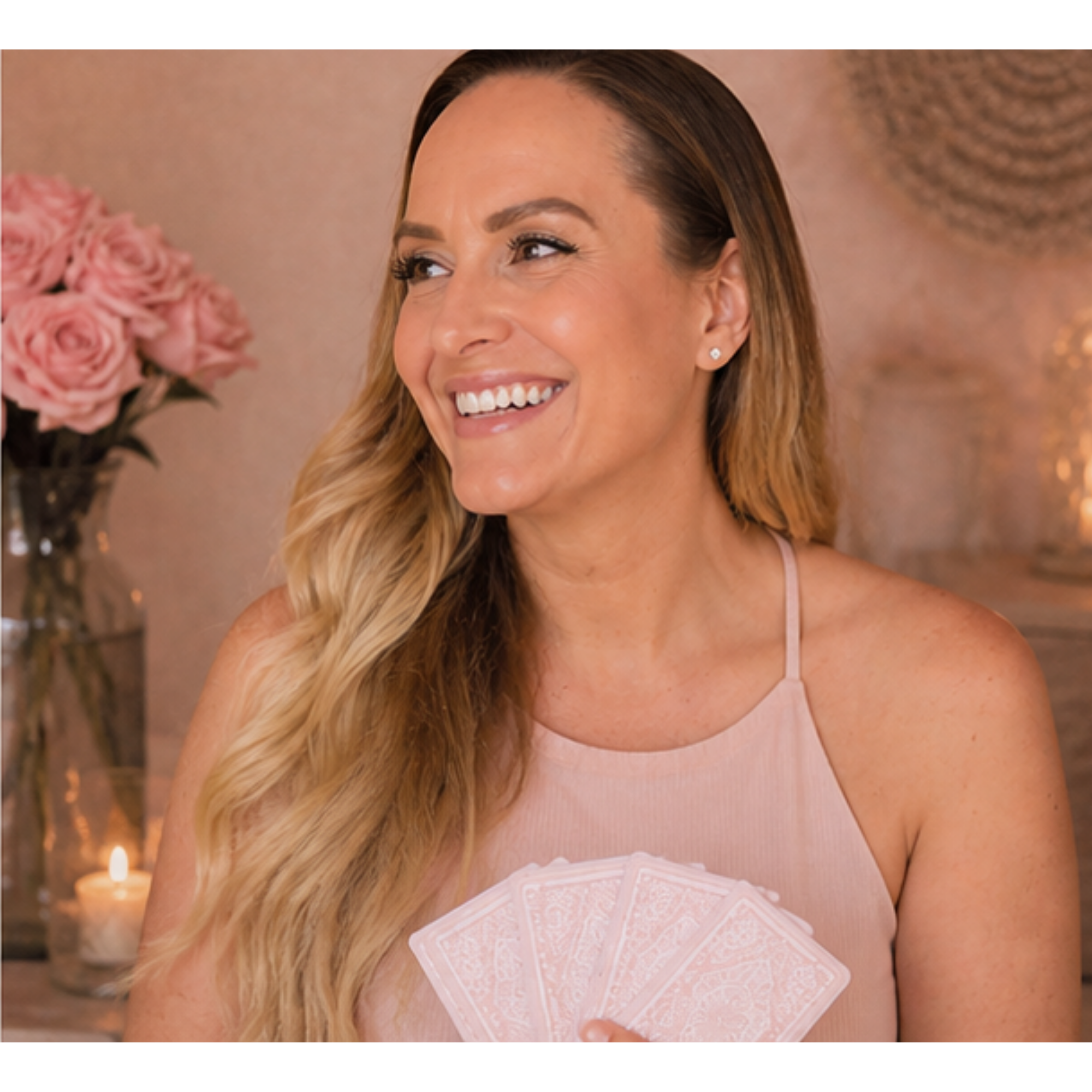 Eve Love holding tarot cards