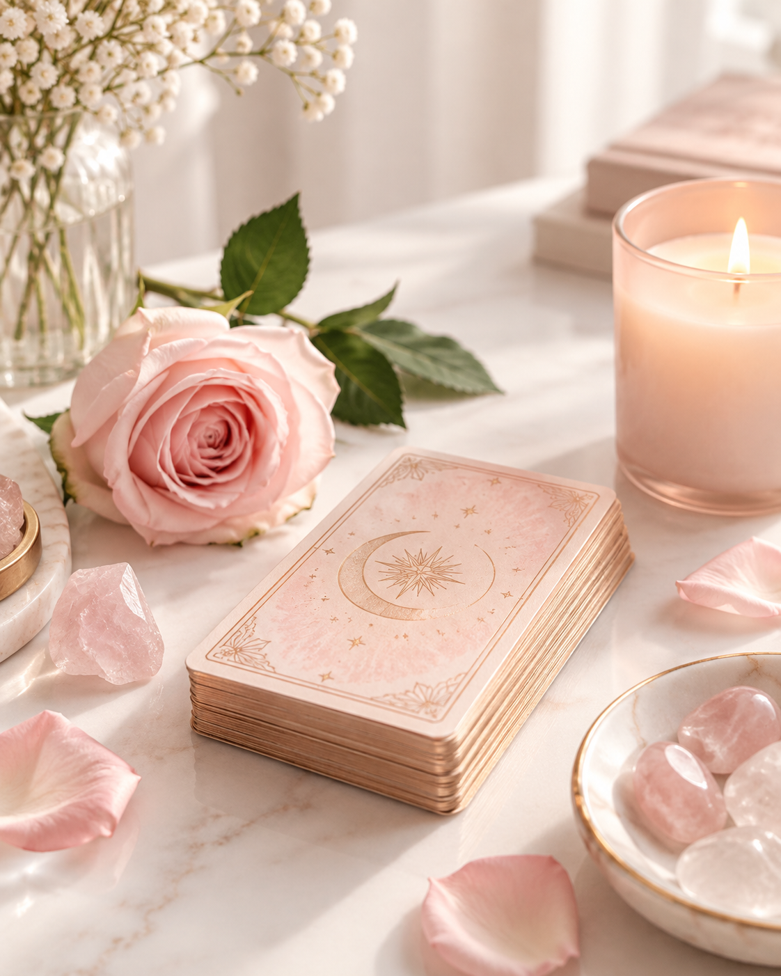 Blush tarot deck with rose, candle, and rose quartz at The Love Shoppe