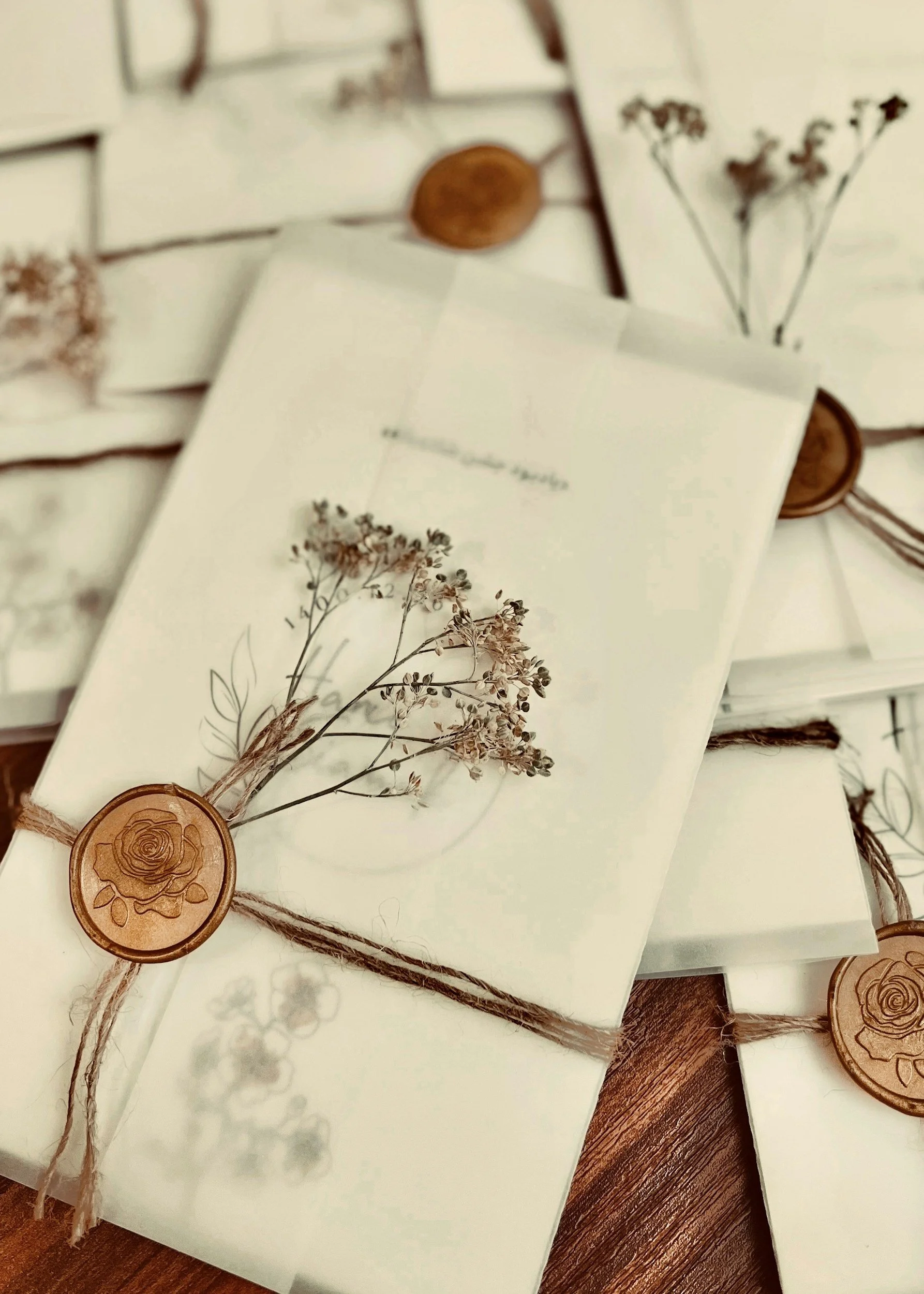 Several white wrapped packages with dried flowers, wooden wax seals, and twine on a wooden surface.