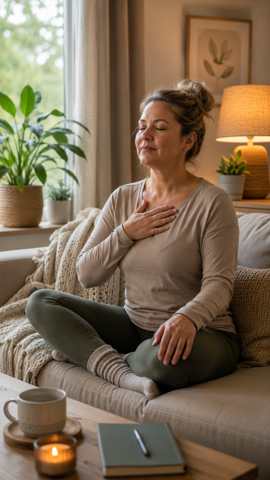 Een vrouw die op een bank zit met haar ogen dicht en haar hand op haar borst legt, in een lichte woonkamer met planten en warme verlichting.
