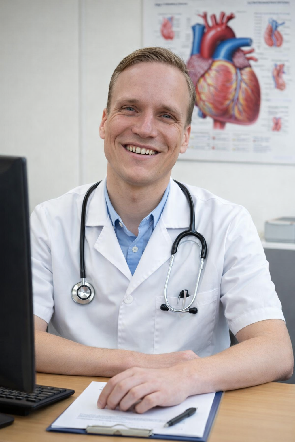 Profielfoto van een vriendelijke mannelijke arts met een stethoscoop die glimlacht, zittend aan een bureau met een medisch poster van het hart op de achtergrond.