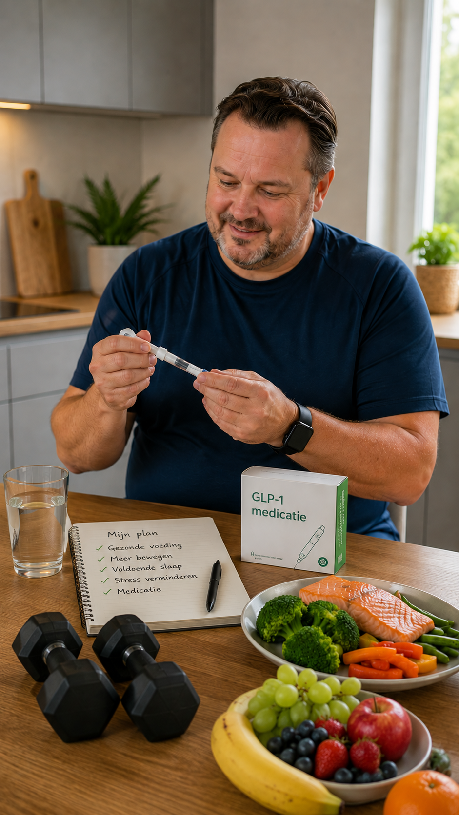 Man bereidt een medicatie-injectie voor in een keuken, er liggen gewichten en fruit op de tafel, met een notitieboekje met gezondheidsdoelen en een medicatiebox voor GLP-1.