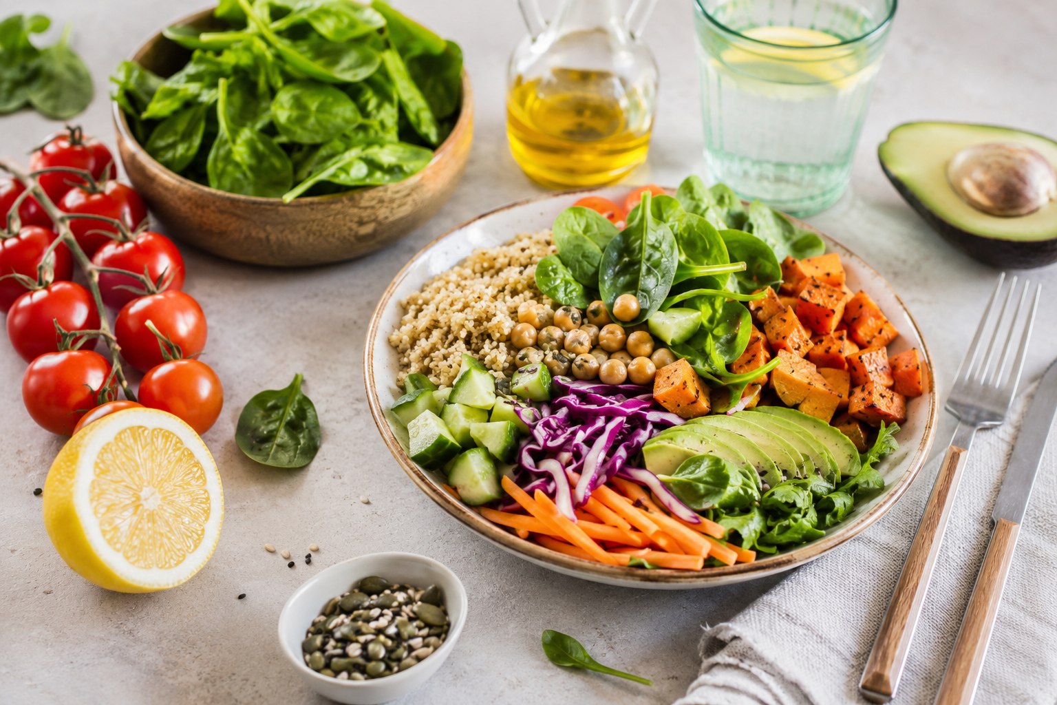 Een kommetje met salade ingrediënten, inclusief avocado, wortels, rode kool, kikkererwten, komkommer, bladgroenten en gekruide zoete aardappel. Op de achtergrond liggen tomaten, een halve citroen, een grote kom met gemengde salade, een fles olijfolie en een glas water. Bestek ligt naast een servet.