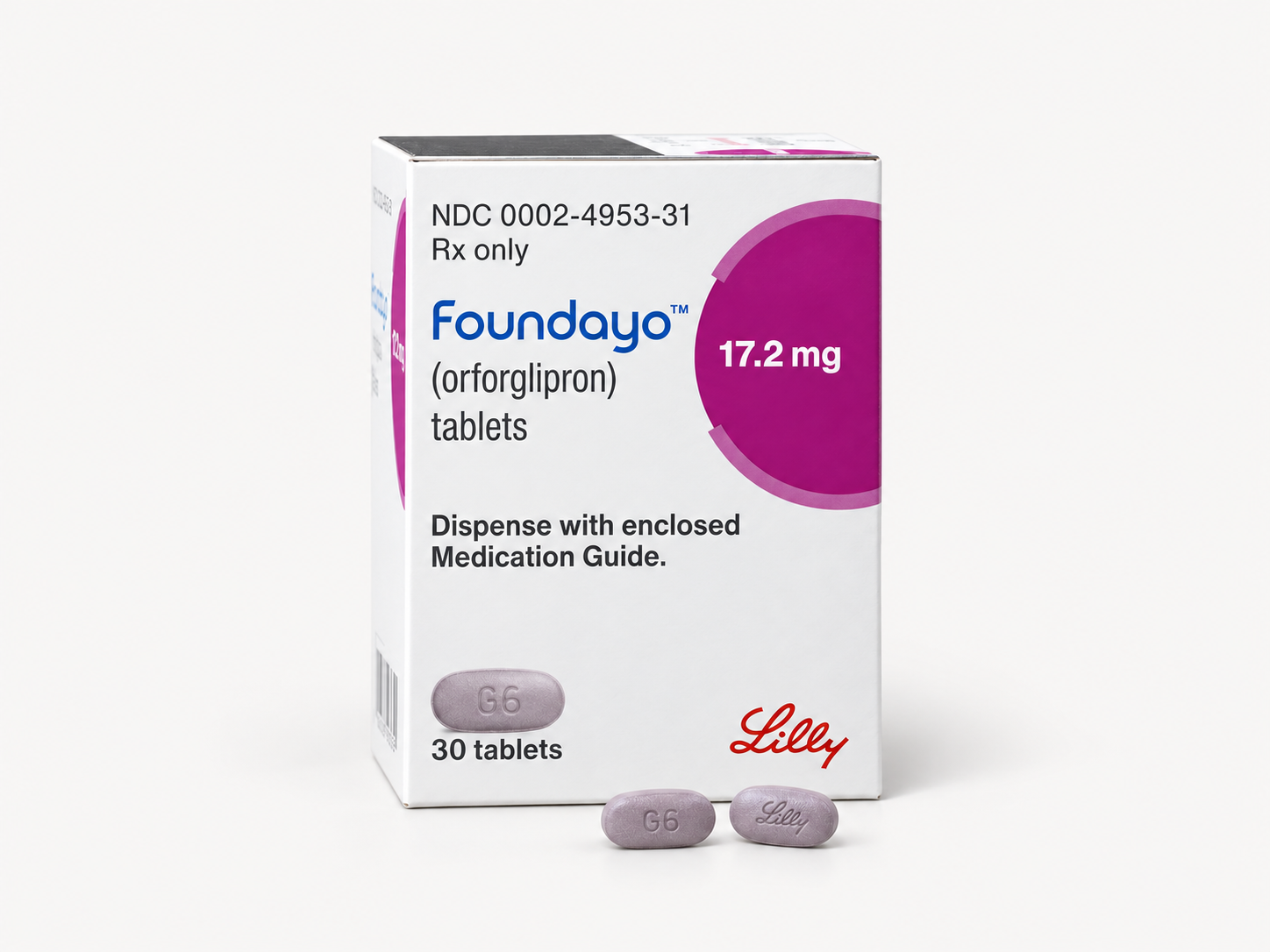 Foundayo-doosje met orforglipron 17,2 mg en twee grijspaarse tabletten op een witte achtergrond.
