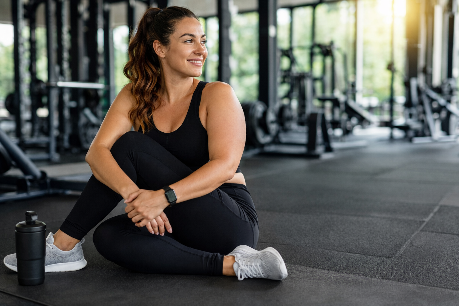 Een vrouw in sportkleding zit op de vloer van een fitnessruimte, lachend en er ontspannen uitziend.