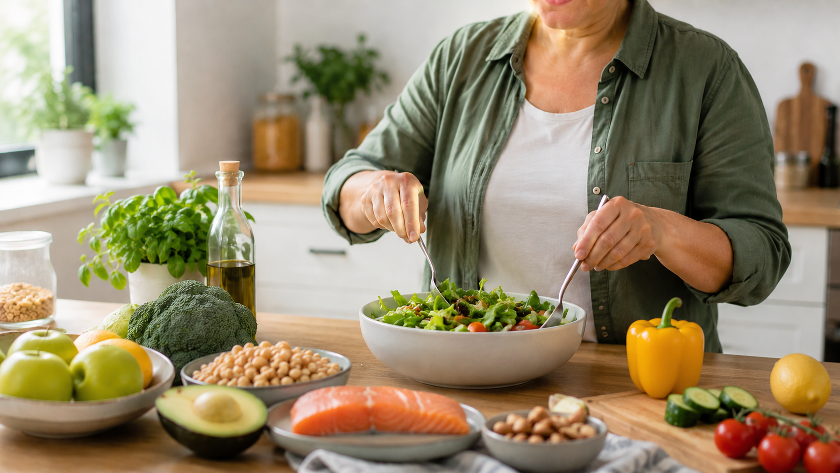 Een persoon bereidt een salade in een keuken met verschillende verse groenten en fruit op het aanrecht.