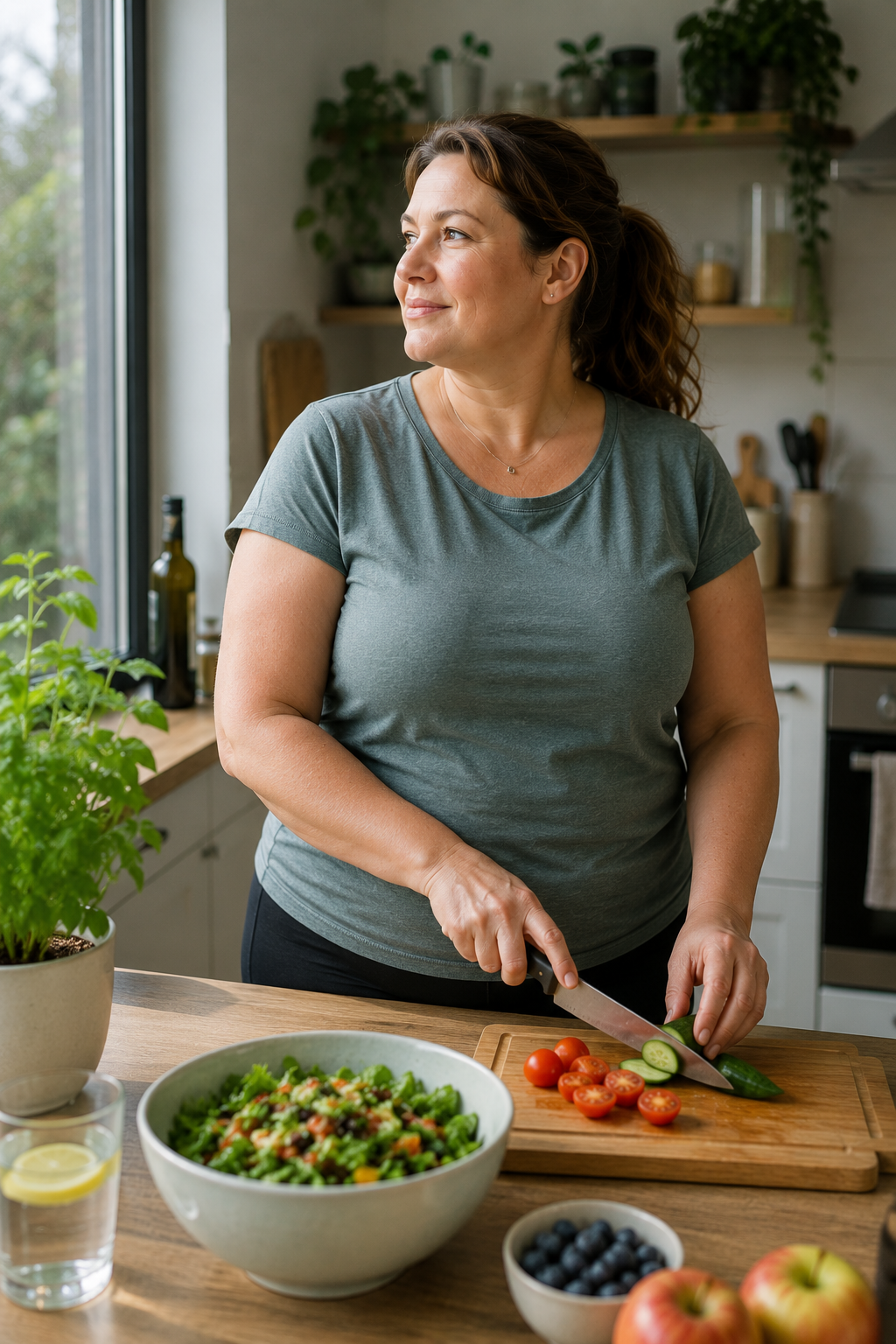 Vrouw snijdt komkommer in de keuken met verse groenten zoals tomaten, bosbessen en een salade op de tafel.