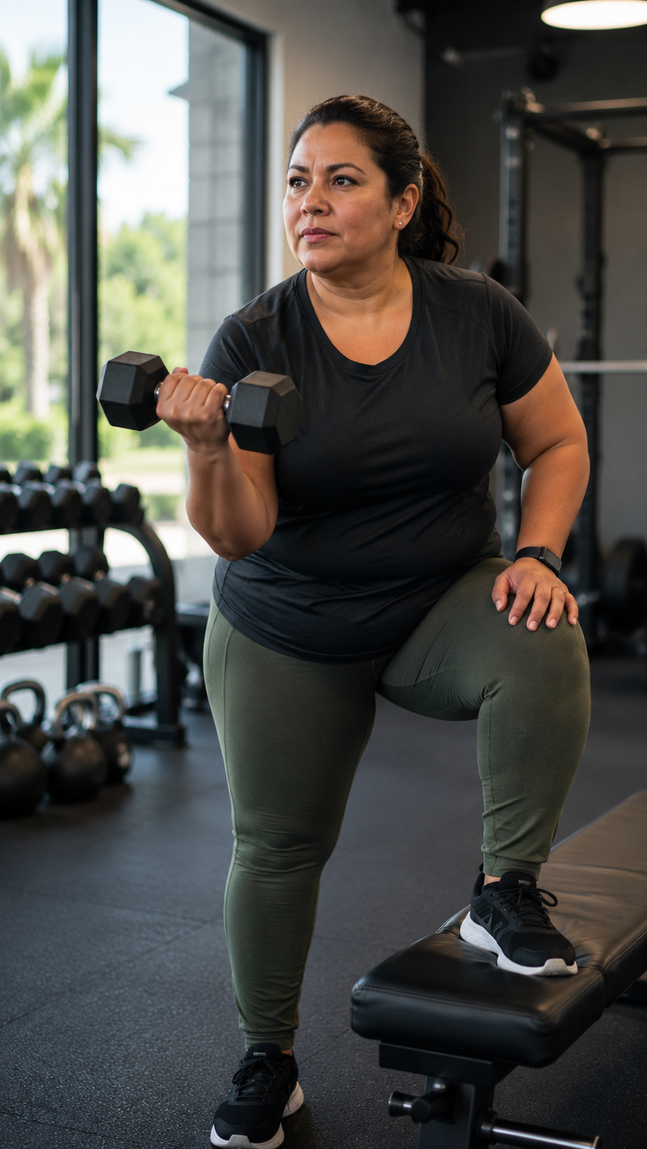 Vrouw doet getrainde oefening met dumbbell in sportschool.