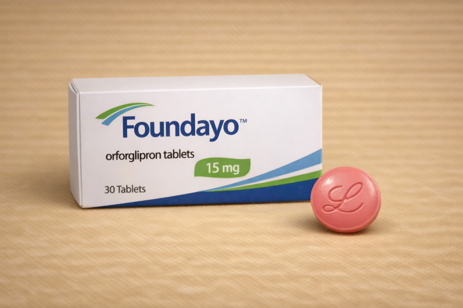 Een doos Foundayo orforglipron tabletten van 15 mg naast een roze tablet met een gestileerde L erop.