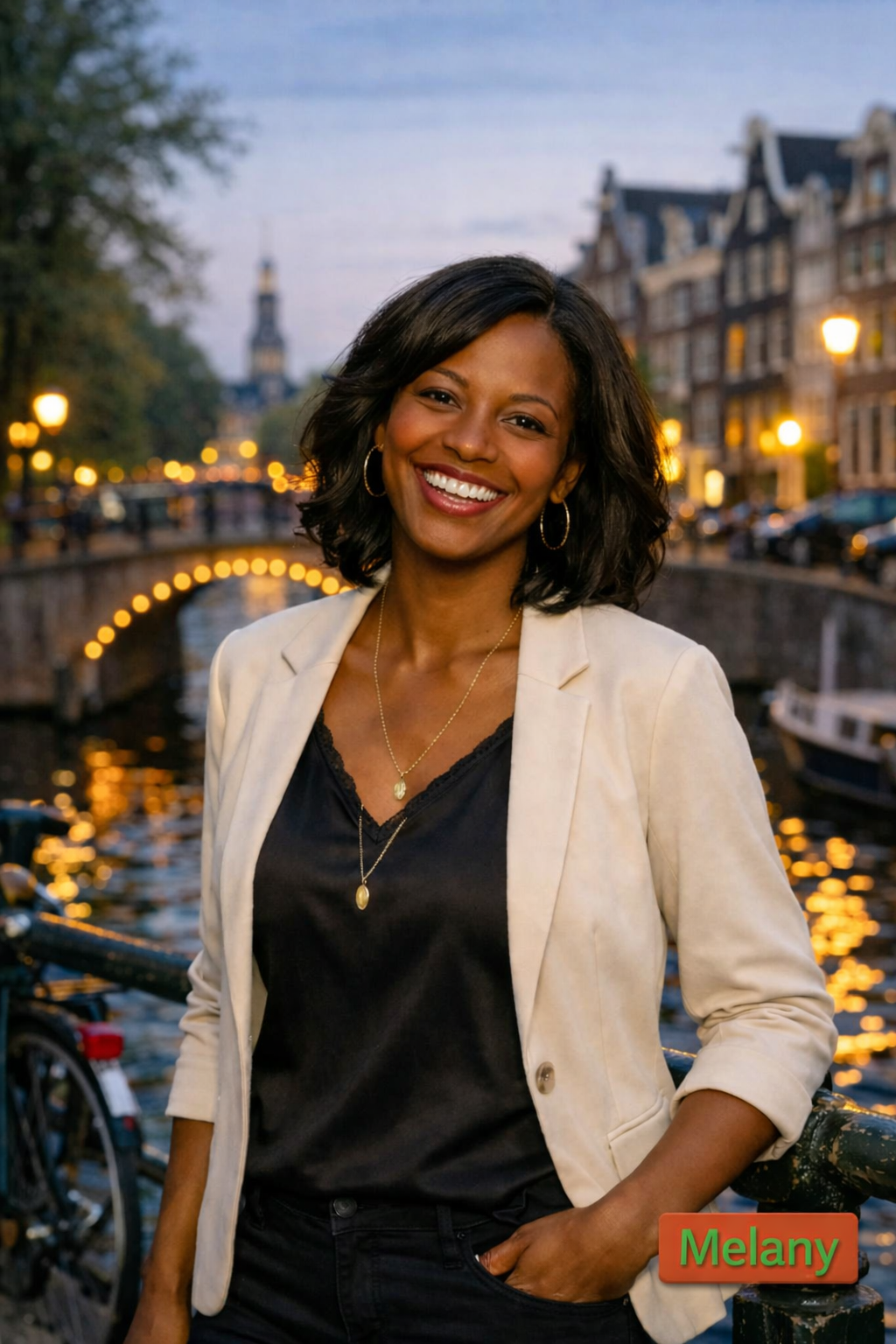 Vrouw met zwarte haar en glimlach, staand bij een brug over een kanaal, met gebouwen en straatverlichting in de achtergrond in Amsterdam.