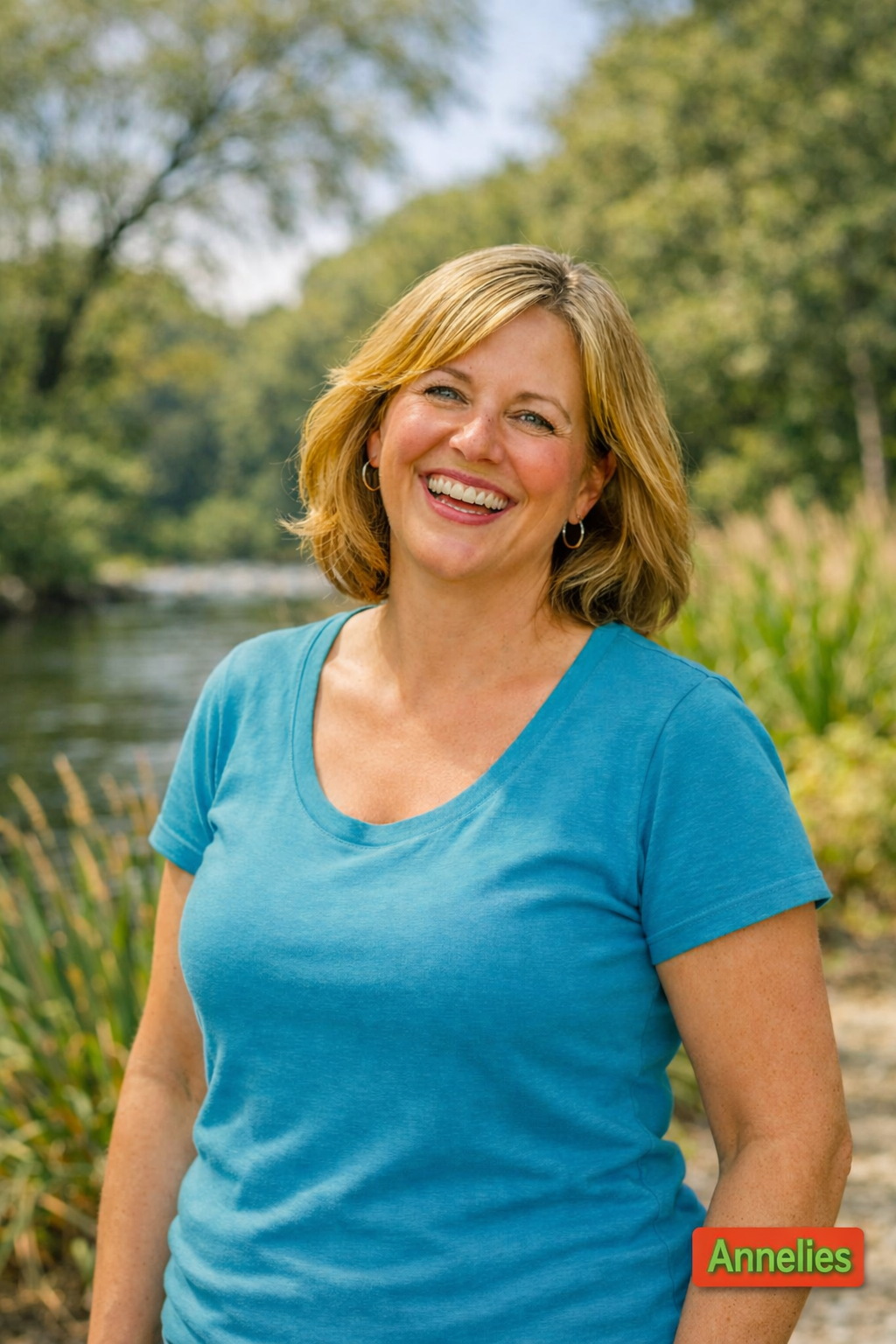 Een lachende vrouw met blonde haar in een blauwe T-shirt staat in een natuurlijke omgeving met water en groene bomen op de achtergrond.