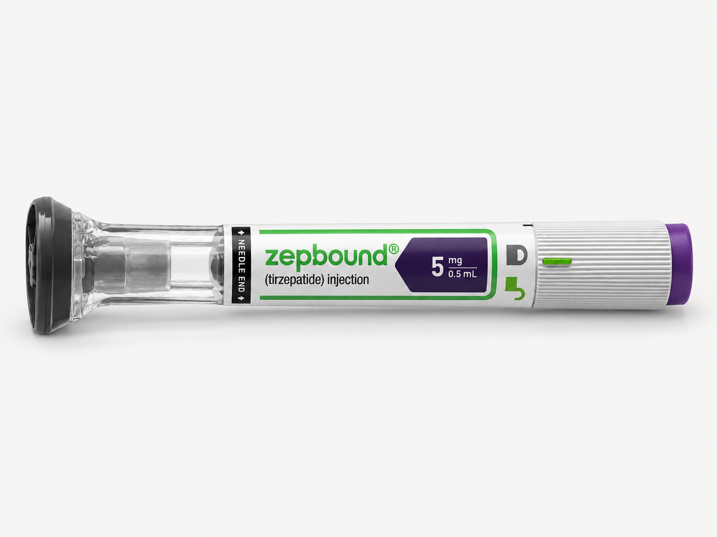 Zepbound-injectiepen met tirzepatide 5 mg op een witte achtergrond.