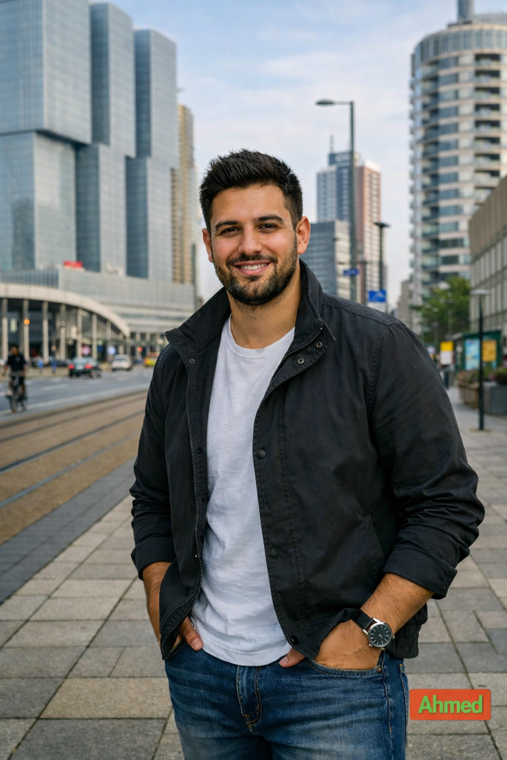Een lachende man in casual kleding staat op een stadsplein met moderne hoge gebouwen op de achtergrond.