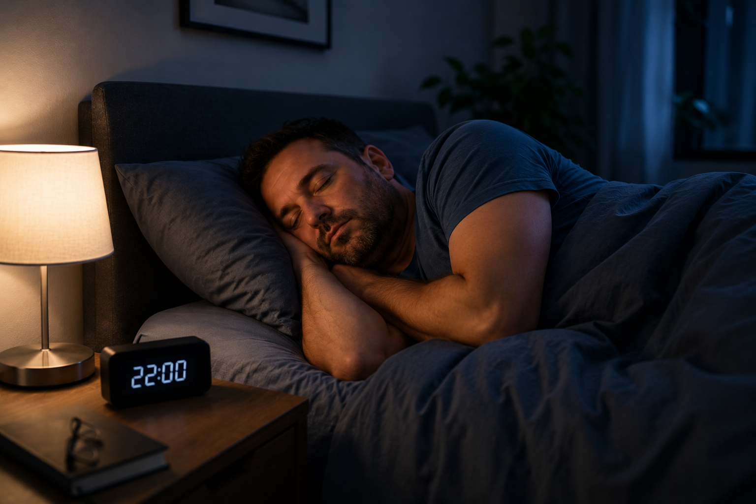Man slaapt in bed 's nachts, naast een nachtlampje en een digitale klok die 22:00 weergeeft, in een donkerde kamer met een plant op de achtergrond.