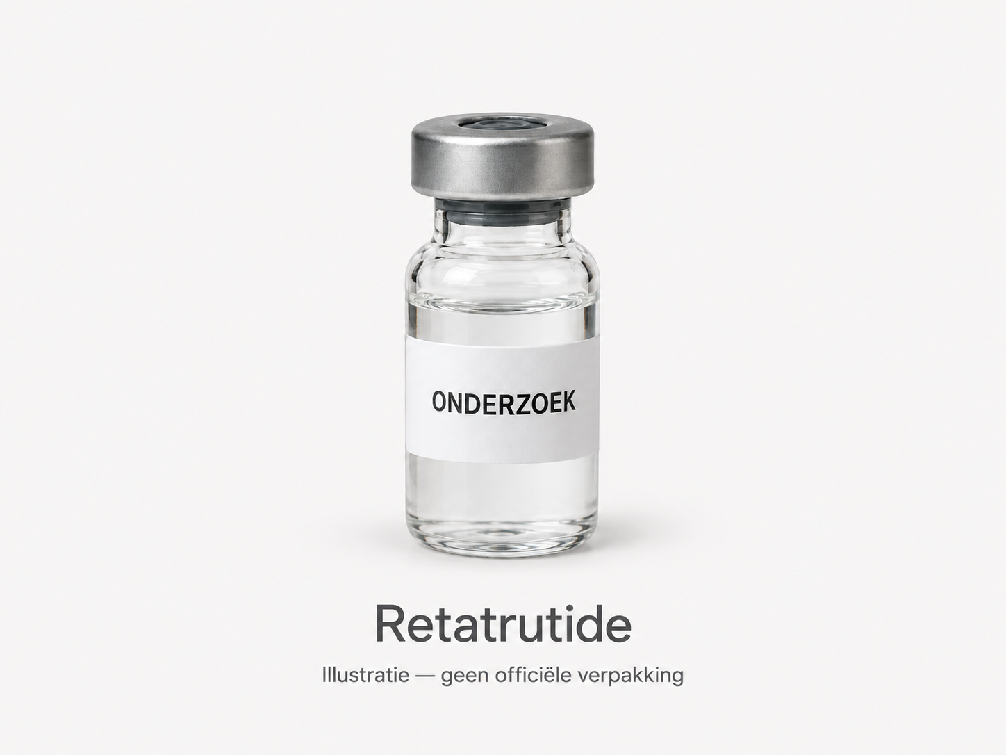 Illustratie van een onderzoeksflacon bij retatrutide, geen officiële productverpakking