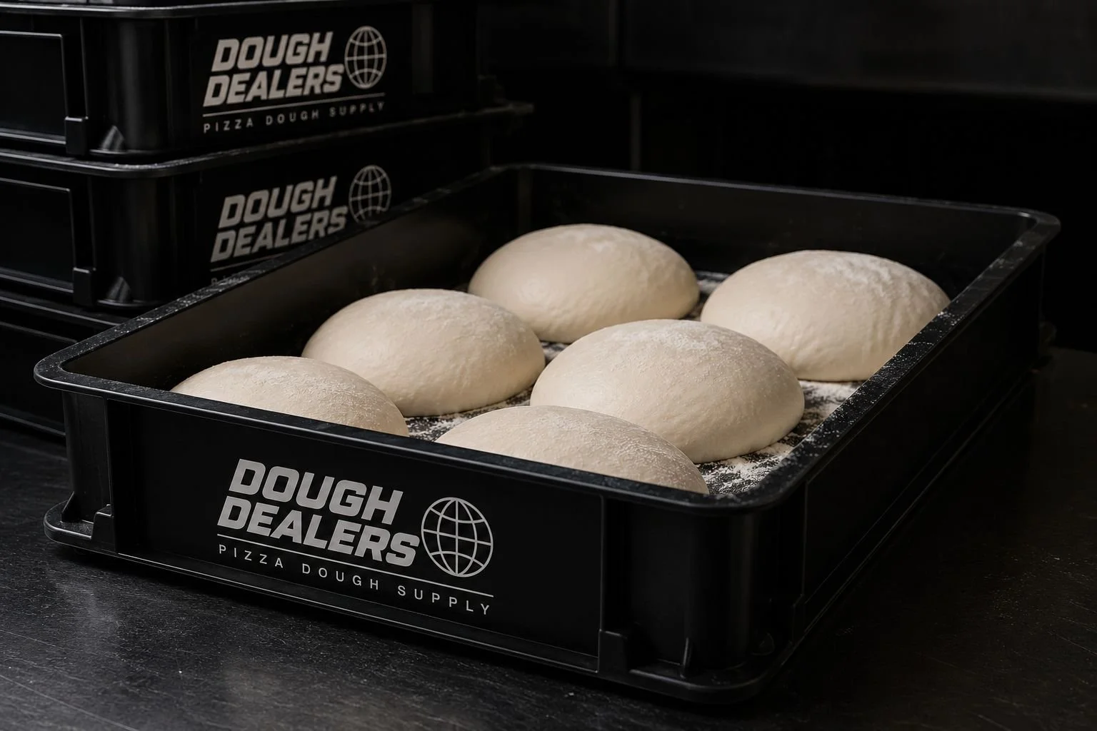 Five round balls of pizza dough in a black plastic tray on a dark surface, with black boxes labeled 'Dough Dealers' in the background.