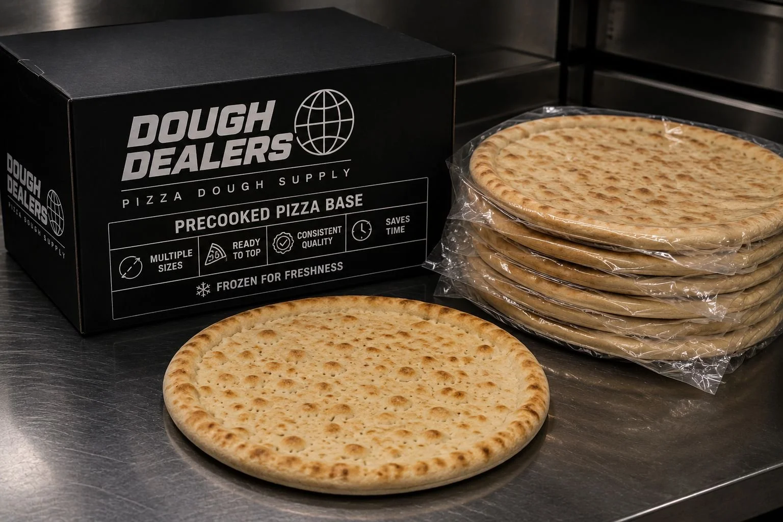 Frozen pre-cooked pizza bases from Dough Dealers, with one base placed on a metallic surface and a stack of more bases in plastic wrapping behind it, and a black box labeled 'Premade Pizza Base' in the background.