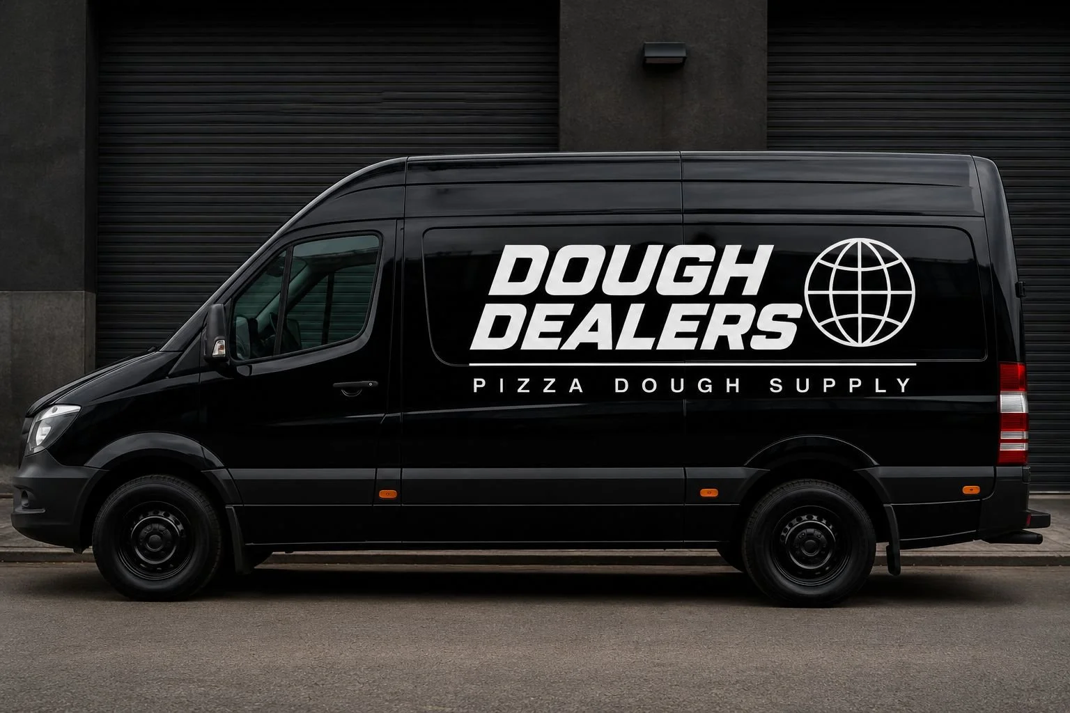 Black delivery van with white text saying 'Dough Dealers' along with a globe logo and 'Pizza Dough Supply' on the side, parked against a dark building with a roll-up door.