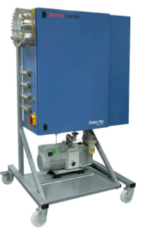 Industrial machine with blue casing mounted on a metal stand with wheels, featuring various knobs and connectors.