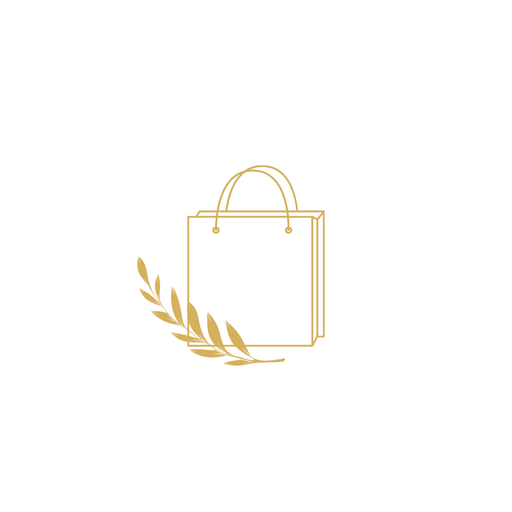Gold outline of a shopping bag with a leaf accent on a black background, with the word 'Luxury' above and a quote indicating high-end shopping experience.