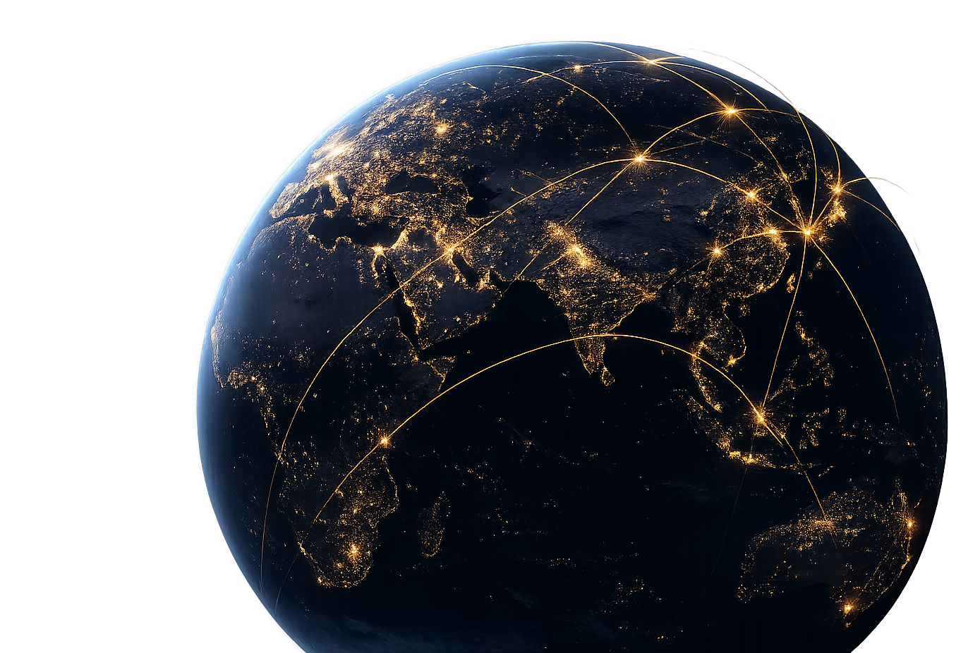 Satellight view of Earth at night, showing continents with illuminated city lights and lines connecting major cities across Asia, Europe, and Africa.