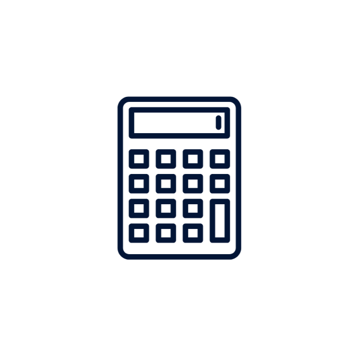 Icon of a calculator with a digital display and numeric keypad on a black background.