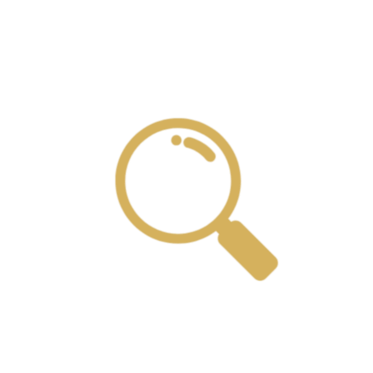 Magnifying glass icon with a black background and gold outline.
