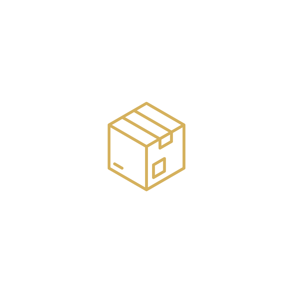A gold outline of a packed cardboard box on a black background.
