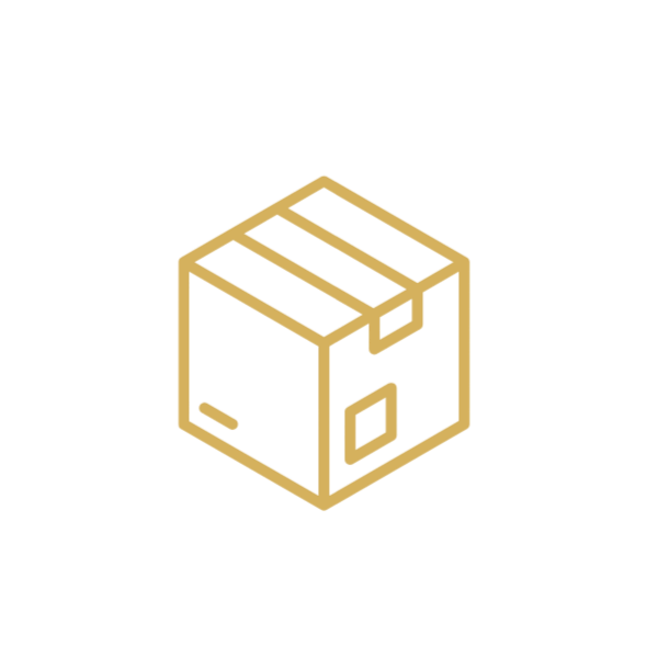 Gold outline of a cardboard box on black background.