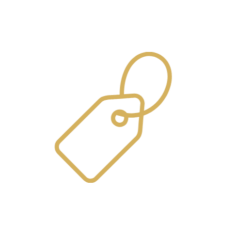 Outline of a price tag with a string loop on a black background.
