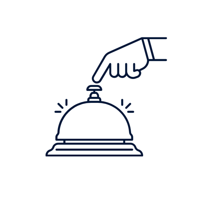 Illustration of a hand ringing a service bell, often used in hotels or customer service settings.