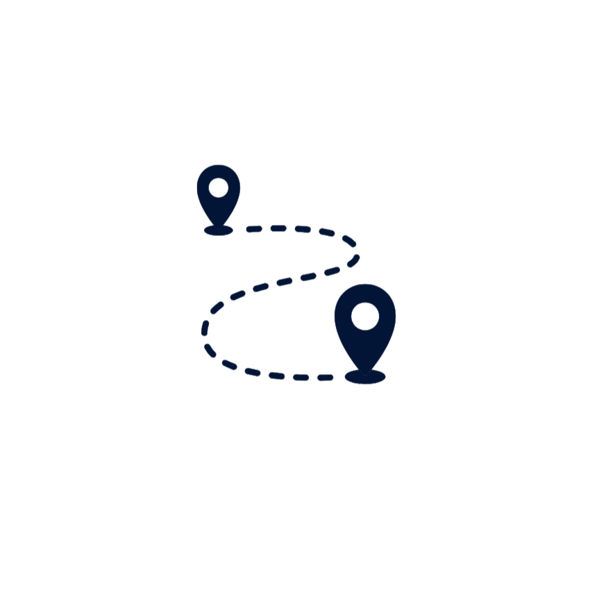 A graphic illustration of a route map with two location markers connected by a dashed line.