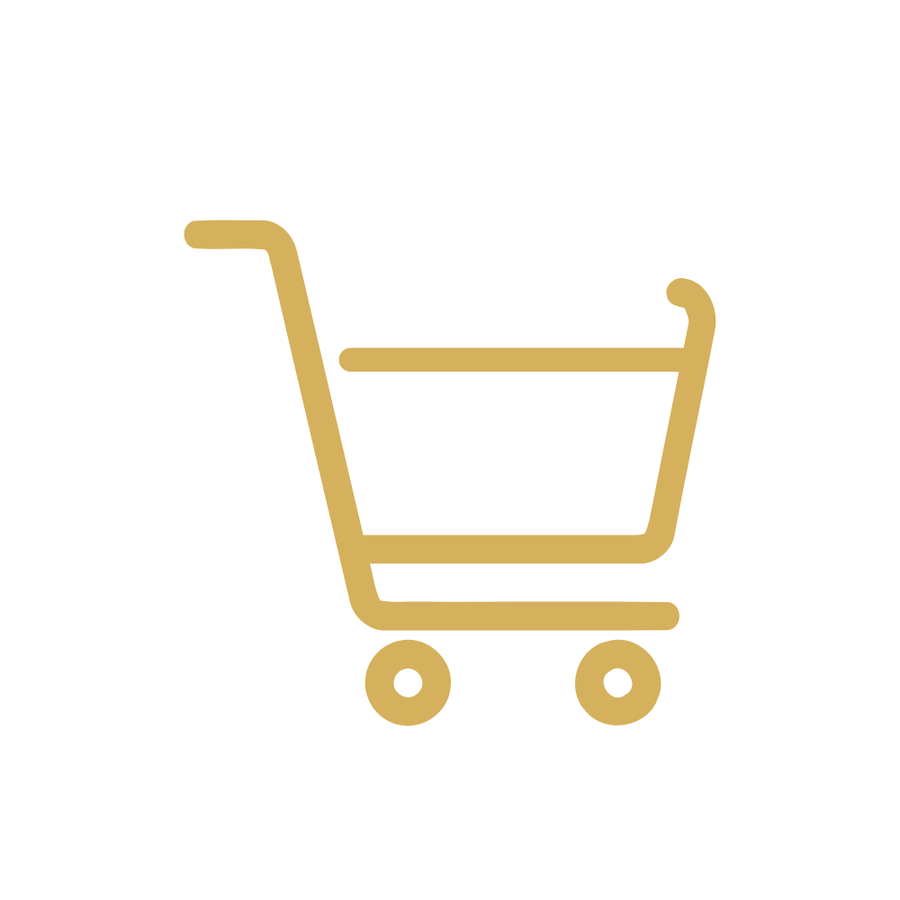 Gold shopping cart icon on a black background.