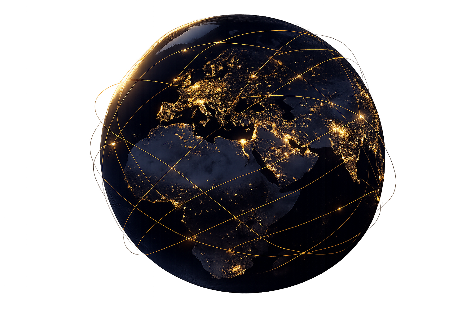 A digital image of Earth at night showing illuminated cities and continents connected by glowing lines.