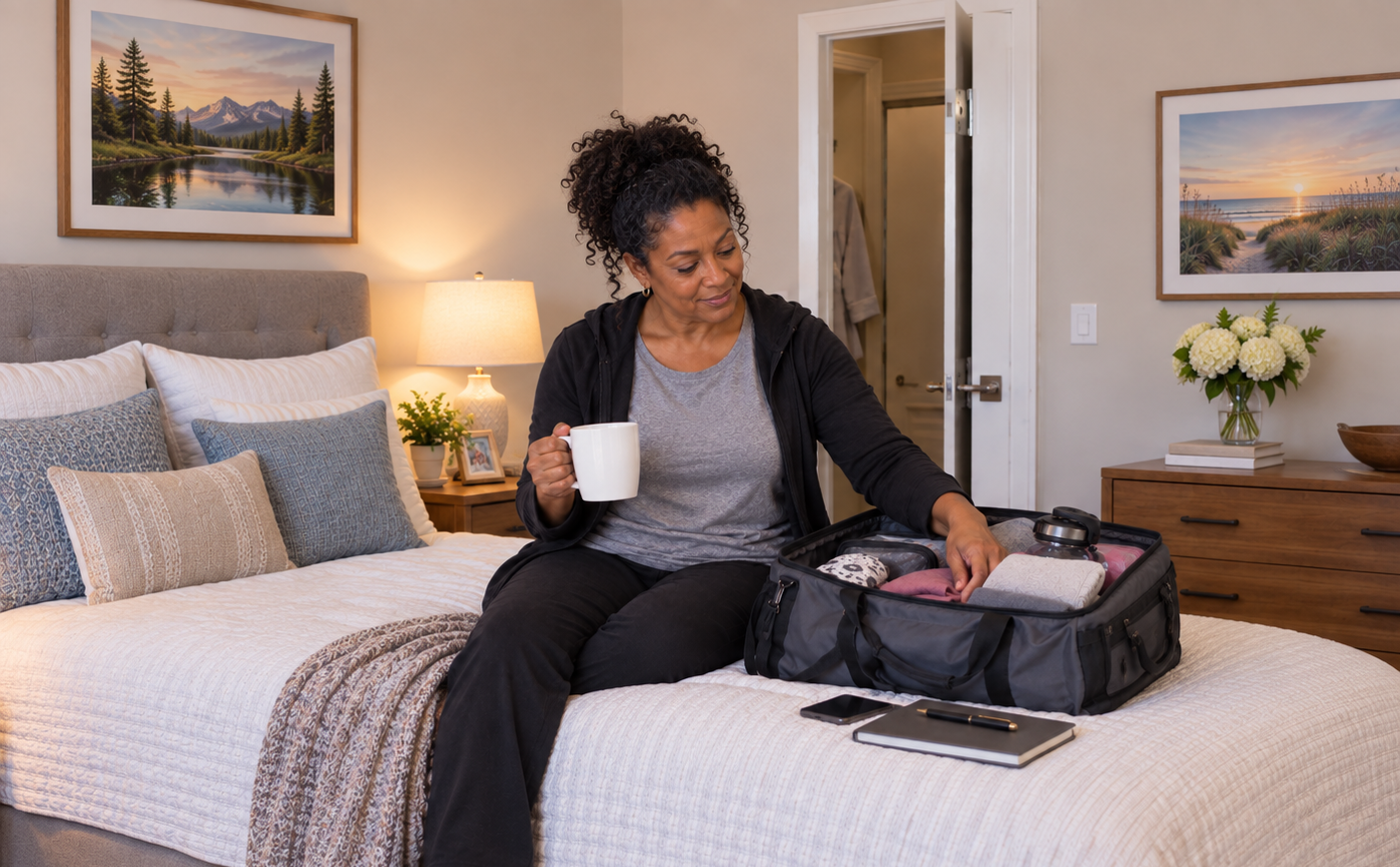 A woman sitting on a bed packing a suitcase in a bedroom, holding a white mug, with a smartphone, notebook, and pens on the bed.