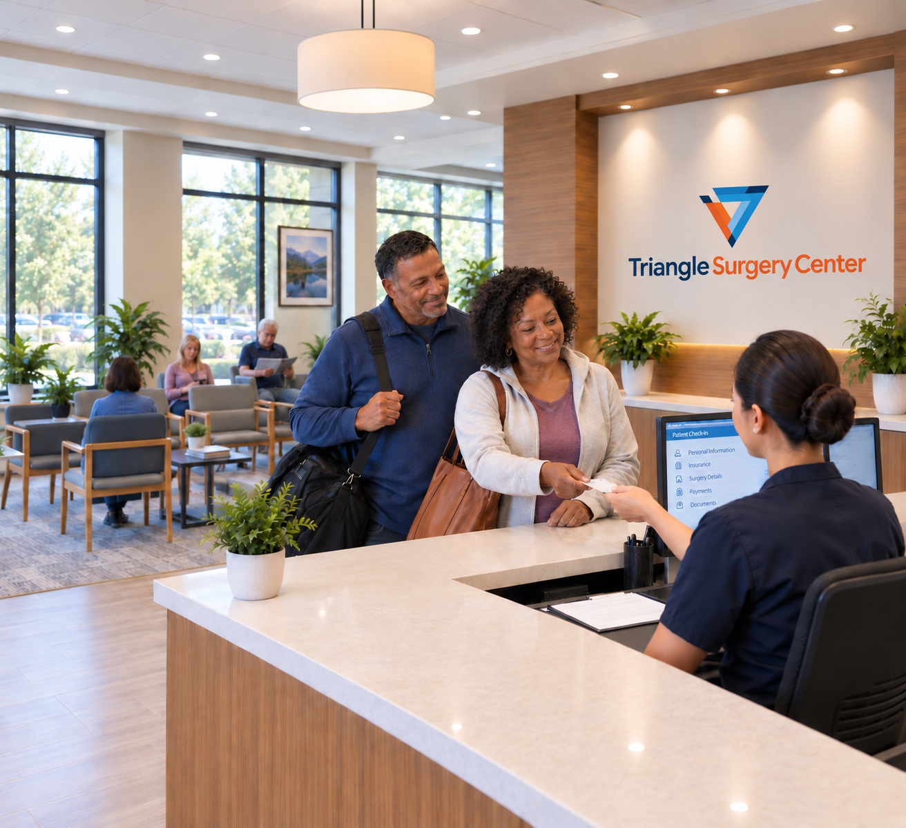 A smiling woman at the reception desk handing a document to a receptionist, with a man standing beside her and waiting behind, in the waiting area of a hospital with a sign reading Triangle Surgery Center.