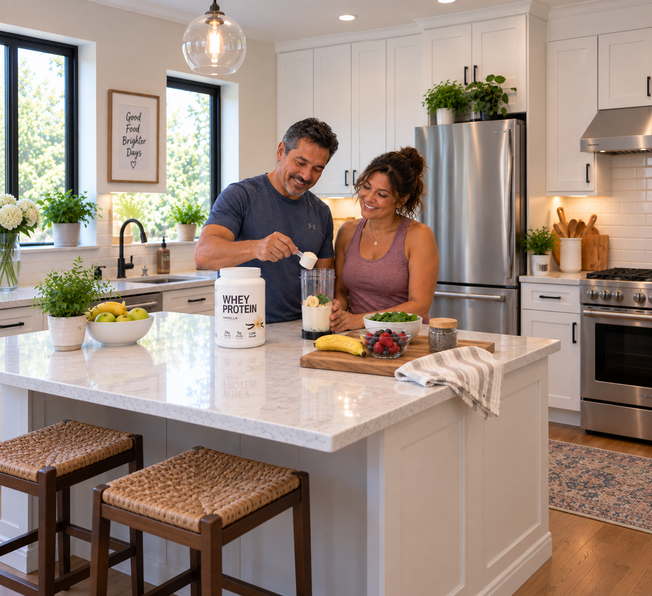 A man and woman preparing a smoothie in a modern kitchen with white cabinets and stainless steel appliances, surrounded by fresh fruits and plants.