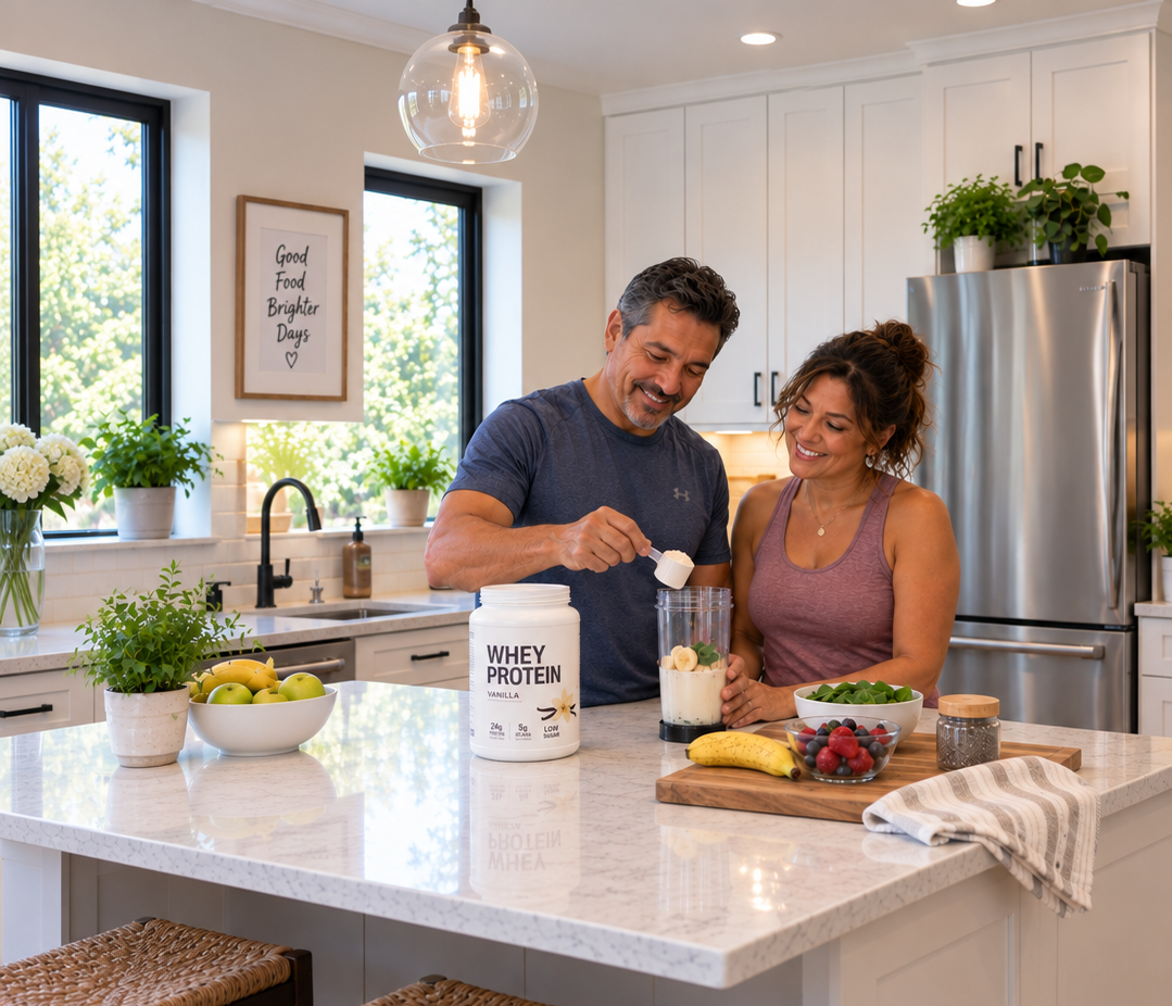 A smiling man and woman in a modern white kitchen making a smoothie with protein powder, surrounded by fresh fruits and plants.