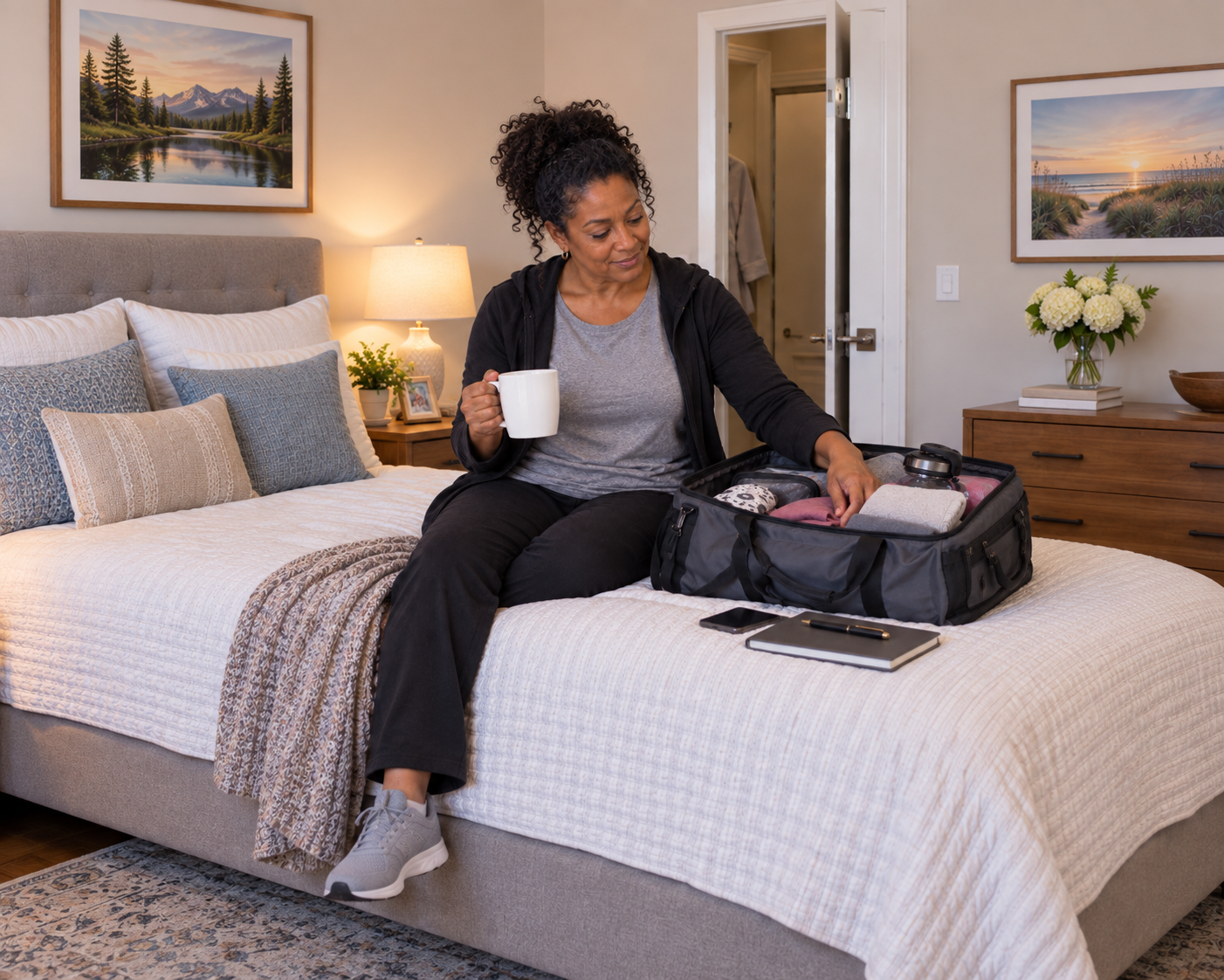 A woman sitting on a bed, packing a gray travel bag, holding a white mug, with various items inside the bag, in a bedroom with framed landscape photos on the wall, a nightstand with a lamp, a potted plant, and a vase with white flowers.