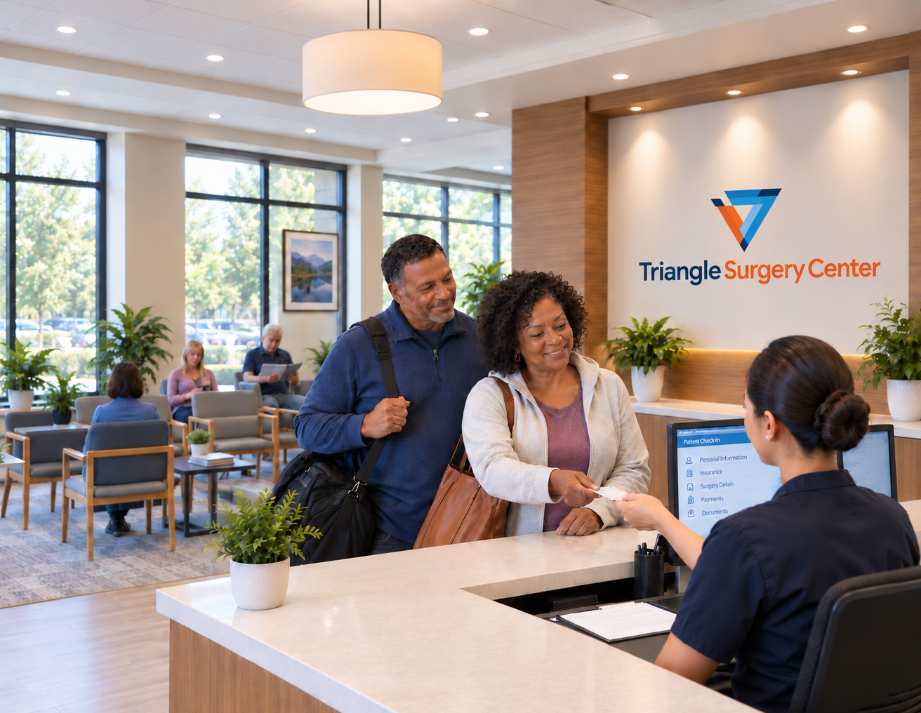 Happy couple checking in at the reception desk at Triangle Surgery Center, with waiting patients in the background.