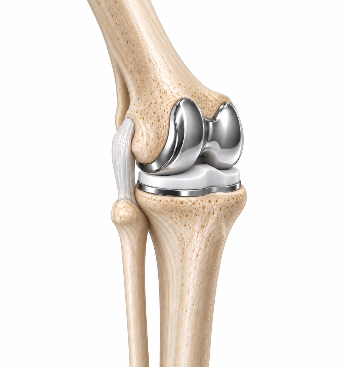 A human knee joint with an artificial knee replacement implant in metal and plastic prosthesis.